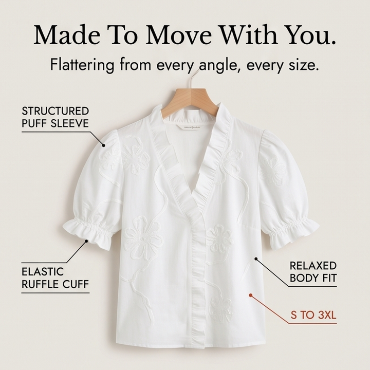 Belvera Romantic Ruffled V-Neck Blouse with Puff Sleeves