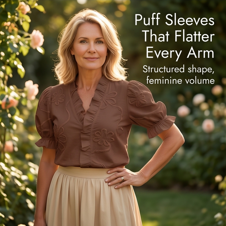 Belvera Romantic Ruffled V-Neck Blouse with Puff Sleeves