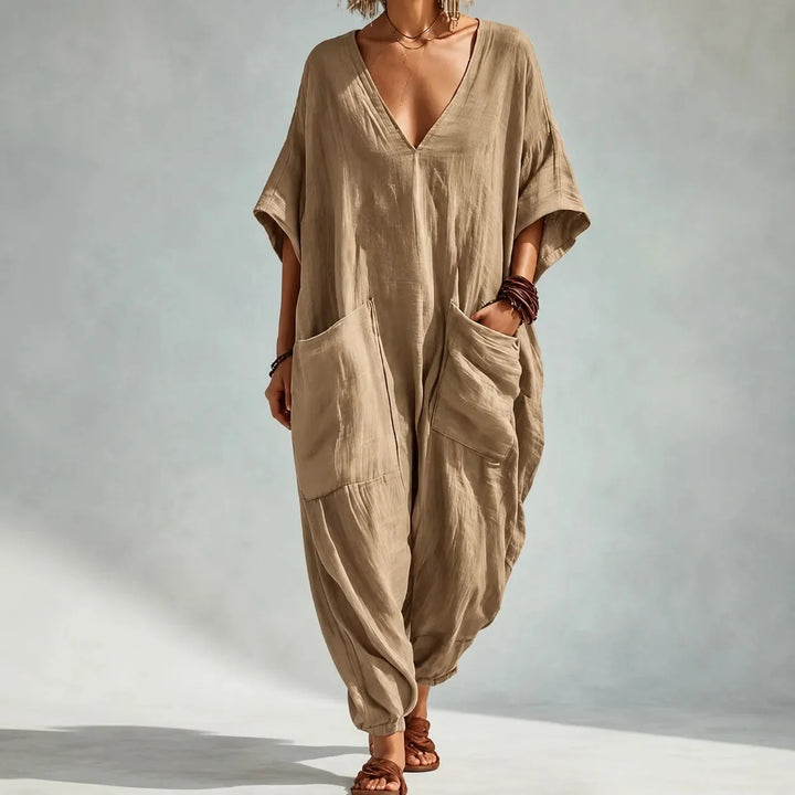 Solunya – Loose V-Neck Summer Jumpsuit with Deep Pockets, Batwing Sleeves, 6 Colors