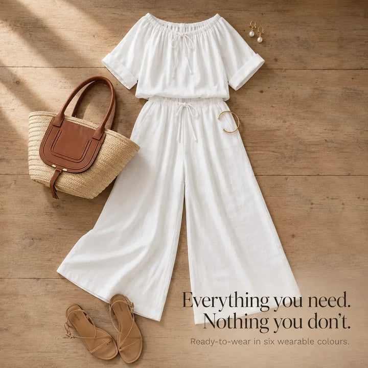Soléne – Off-Shoulder Drawstring Top &amp; Wide-Leg Pants 2-Piece Set