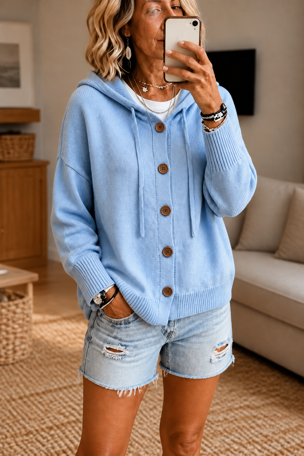 Wearbella – Hooded Ribbed Knit Drawstring Cardigan