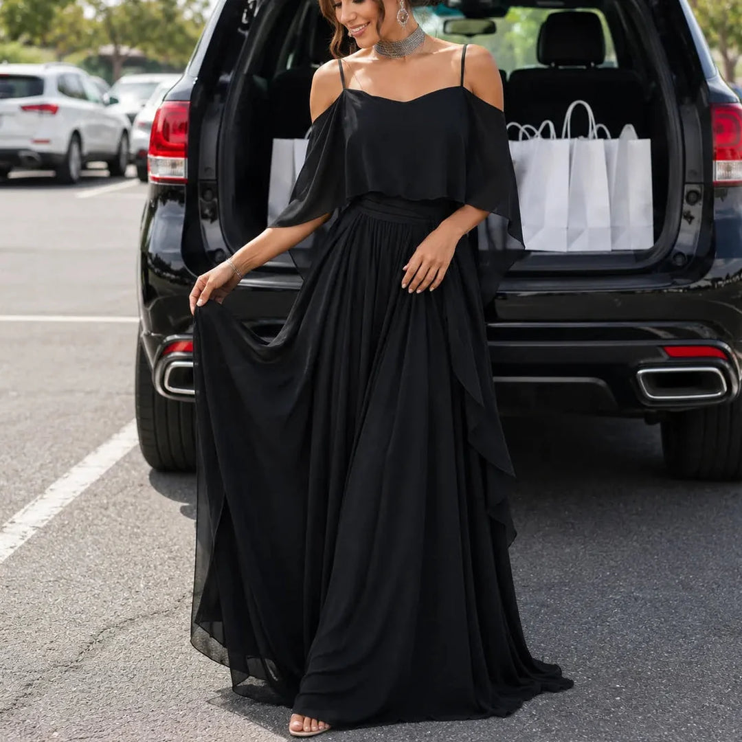 Solavia – Cold Shoulder Chiffon-like Maxi Dress for Weddings &amp; Formal Events