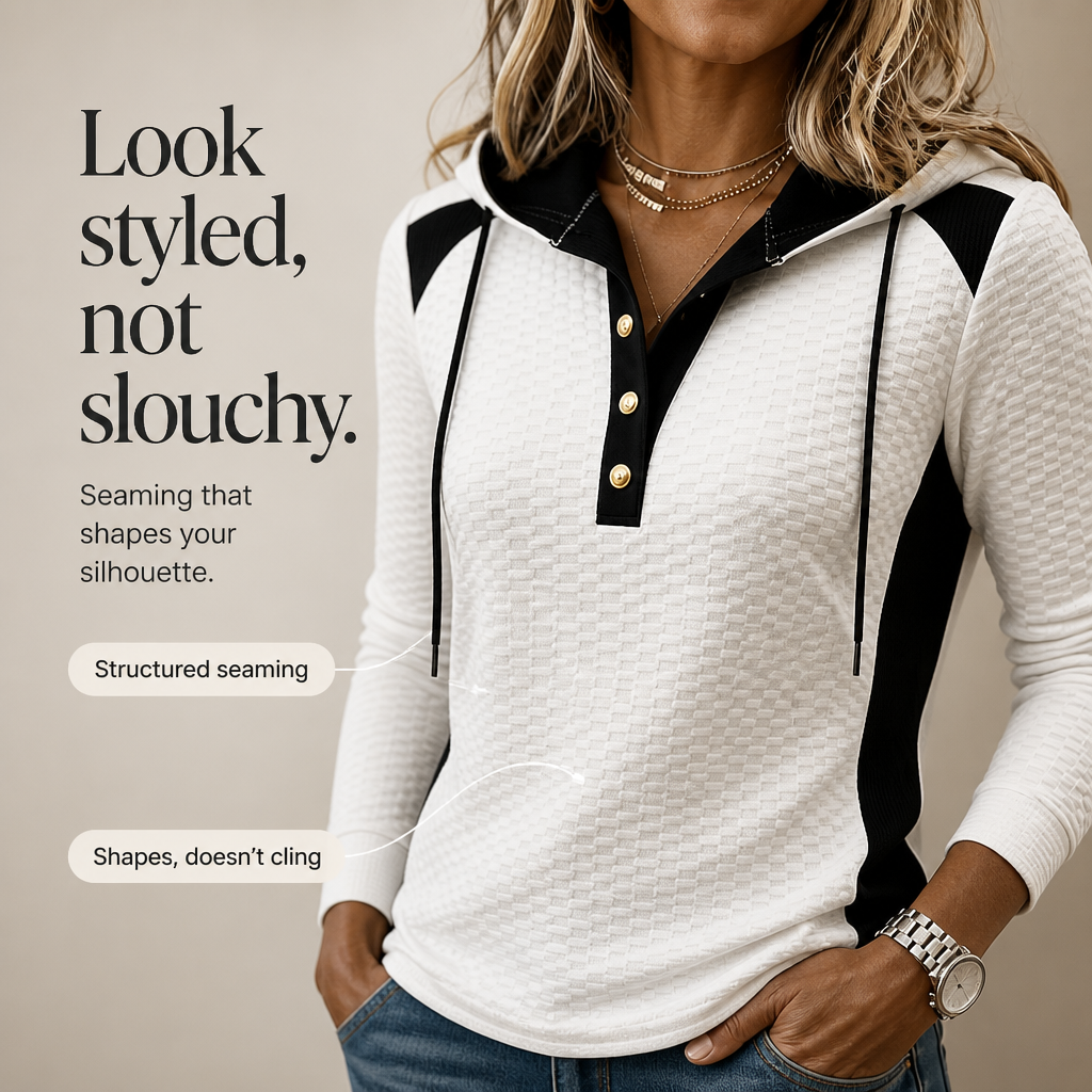 Isabelle – Waffle-Knit Colorblock Button V-Neck Hoodie
