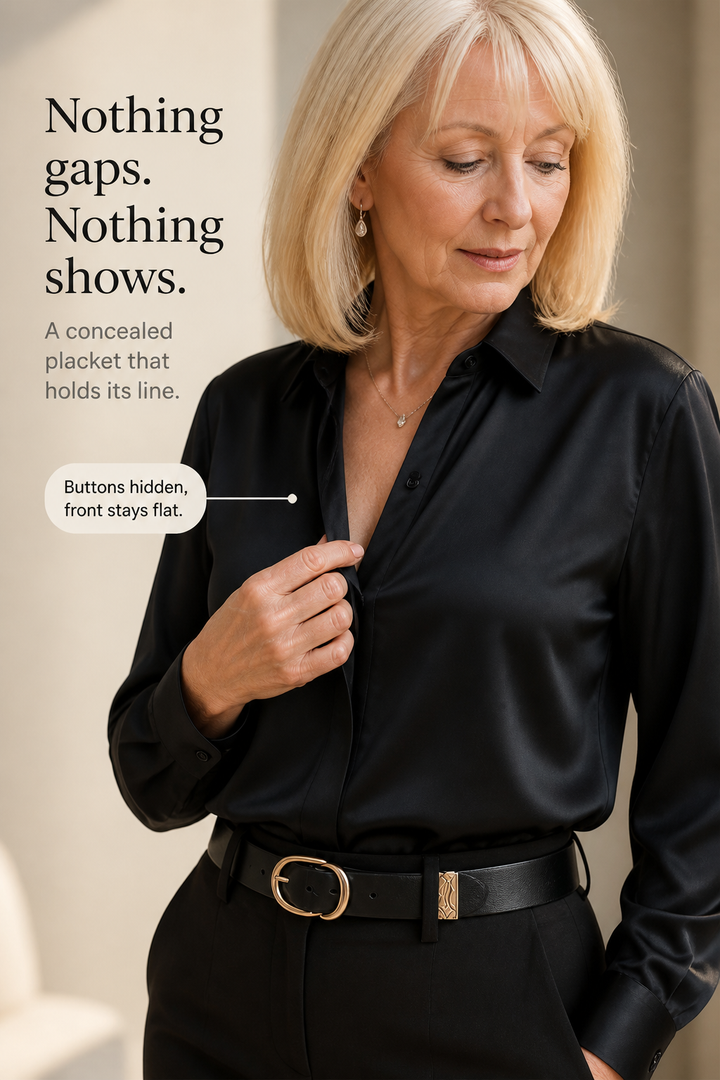 Placket &amp; Poise – Concealed Placket Satin Long Sleeve Blouse