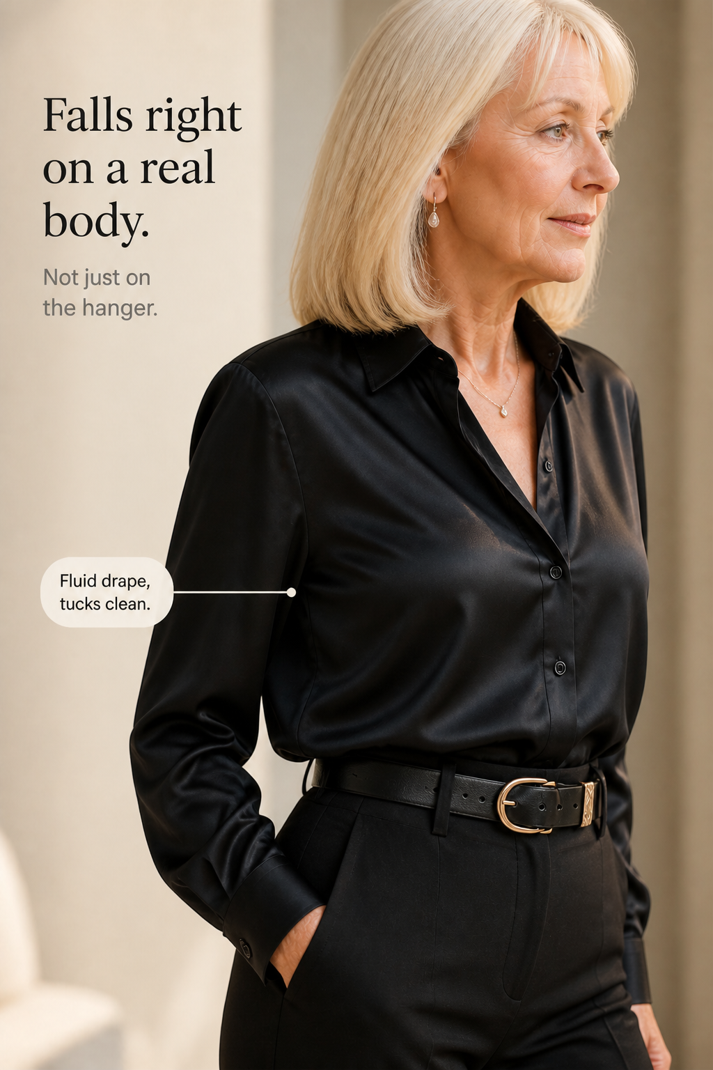 Placket &amp; Poise – Concealed Placket Satin Long Sleeve Blouse