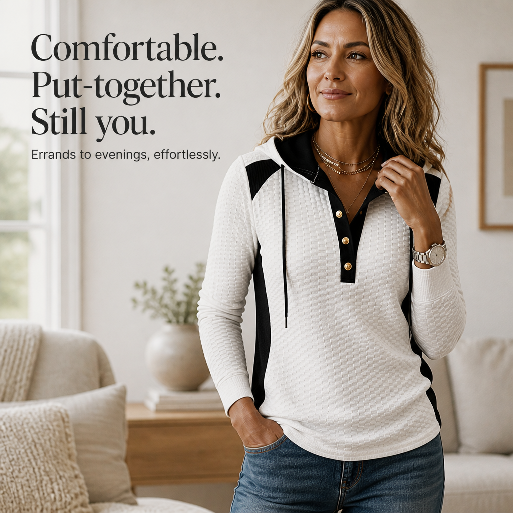 Isabelle – Waffle-Knit Colorblock Button V-Neck Hoodie