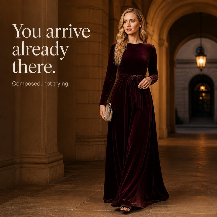 Velvora – Belted Velvet Look A-Line Maxi Dress
