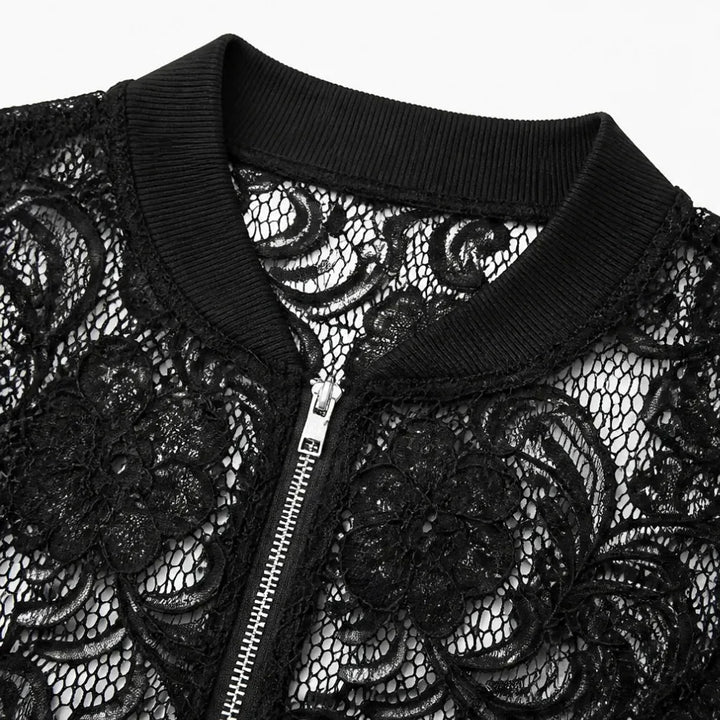 Lacelle – Floral Lace Zip Up Bomber Jacket for Women
