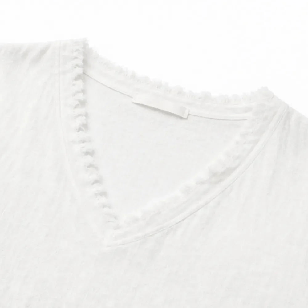 Lorelei – Boho Frayed-Trim V-Neck Tee for Women, Loose Tummy-Hiding Fit