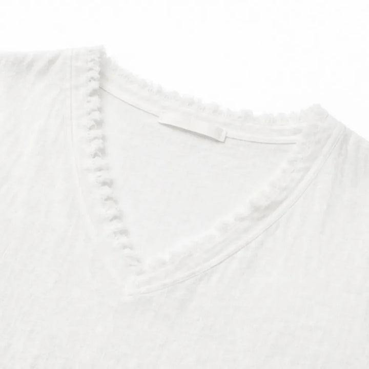 Lorelei – Boho Frayed-Trim V-Neck Tee for Women, Loose Tummy-Hiding Fit