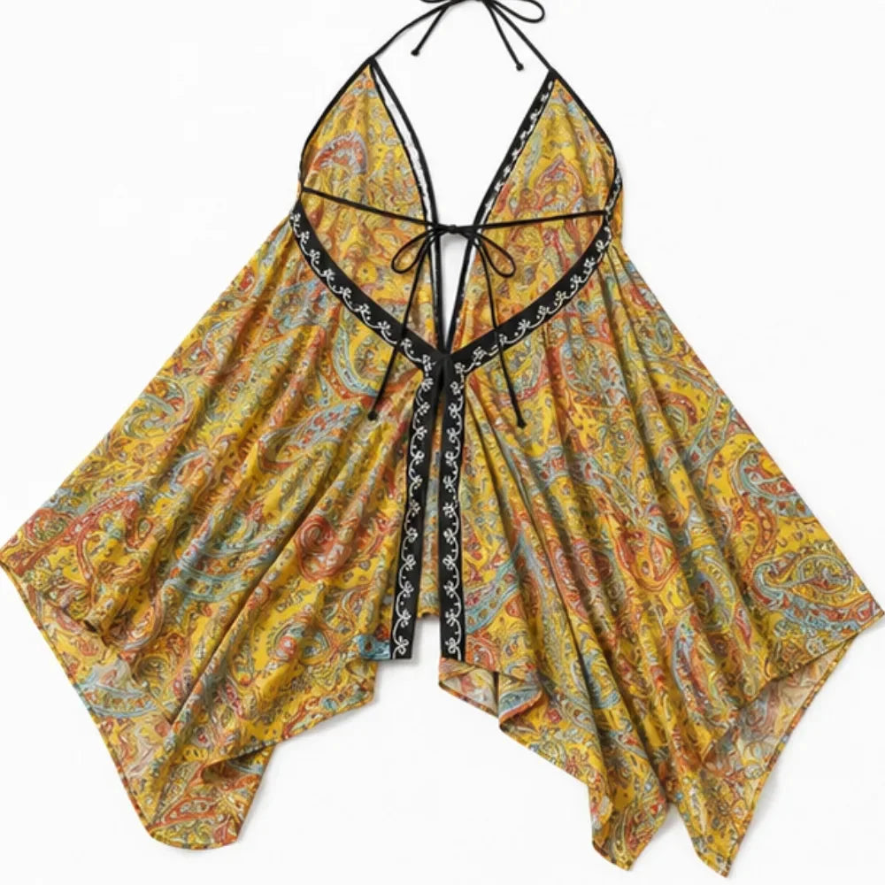 Solivia – Boho paisley halter maxi dress with open back and handkerchief hem