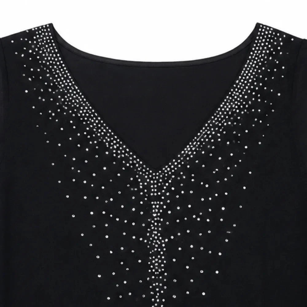 Velora – Rhinestone Look V-Neck Chiffon Like Cape Midi Dress