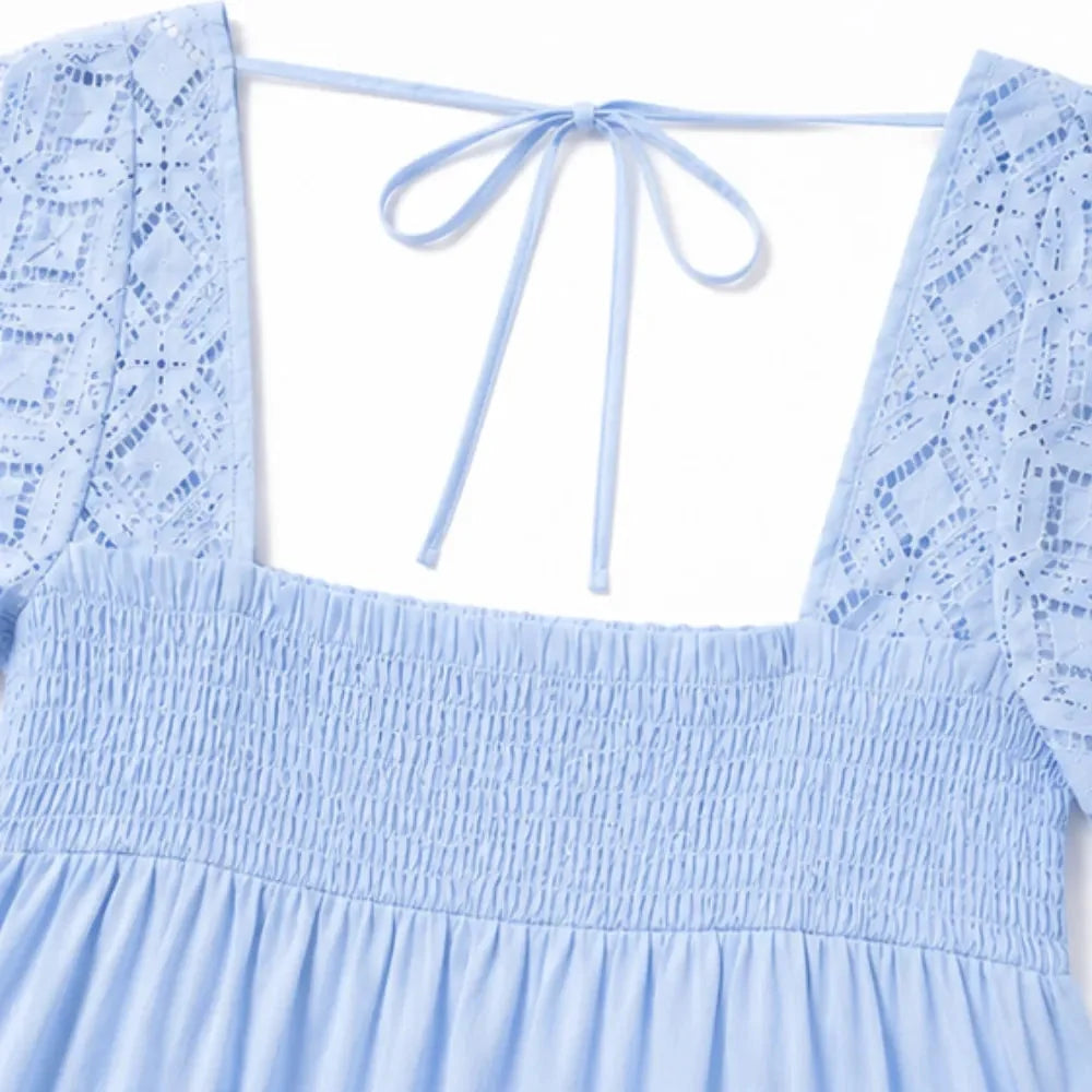 Vivelyn – Square Neck Smocked Babydoll Mini Dress with Lace Sleeves