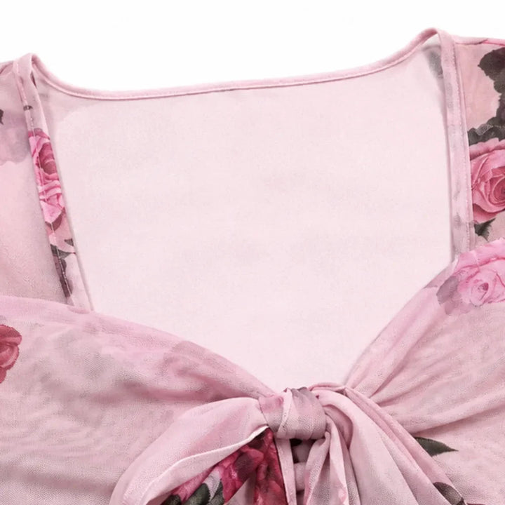 Roselyn – Floral tie-front bell sleeve mesh blouse