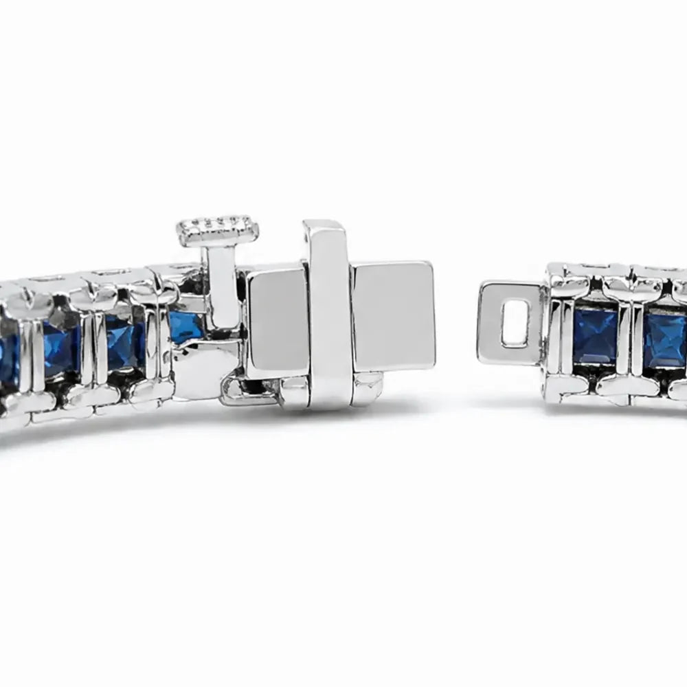 Sereva – Art Deco Sapphire Look Tennis Bracelet with Diamond-Look Clasp, Silver-Tone