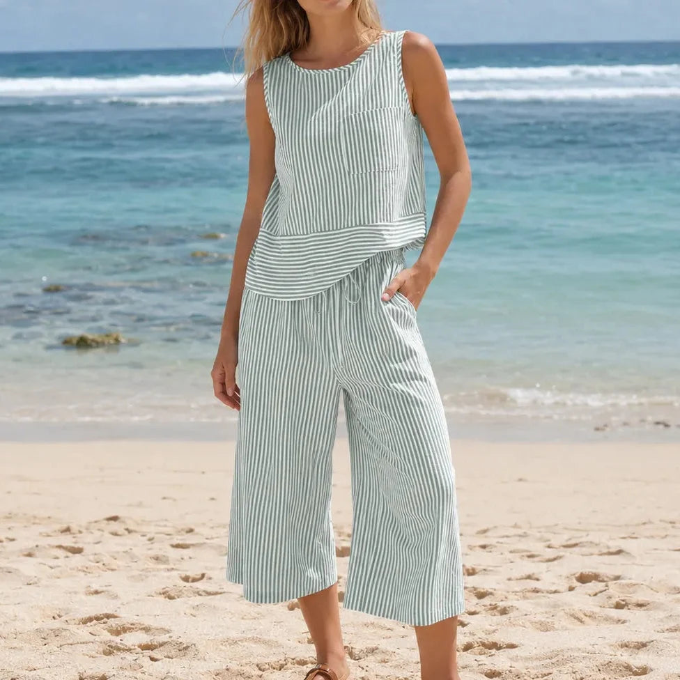Solenne – Striped Wide Leg Two Piece Summer Set for Women