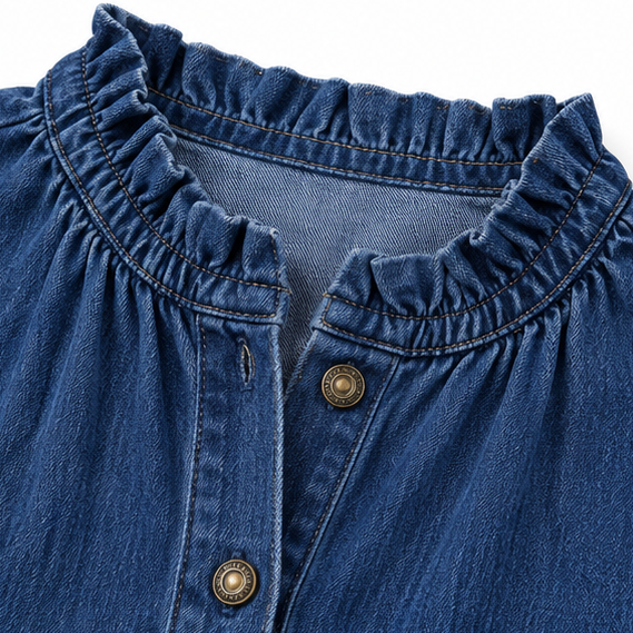 Wearbella – Ruffled Mock-Neck Blouson Sleeve Denim-Look Blouse