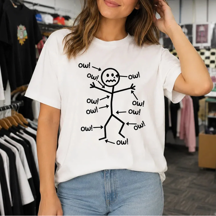 Achewear – Funny "Ow!" Stick Figure Graphic Tee, Relaxed Fit Cotton-like T-Shirt for Women &amp; Men