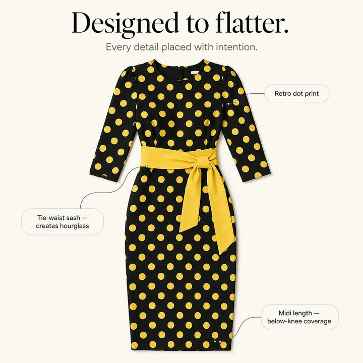 Belora – Retro Polka Dot Midi Dress with Belted Waist