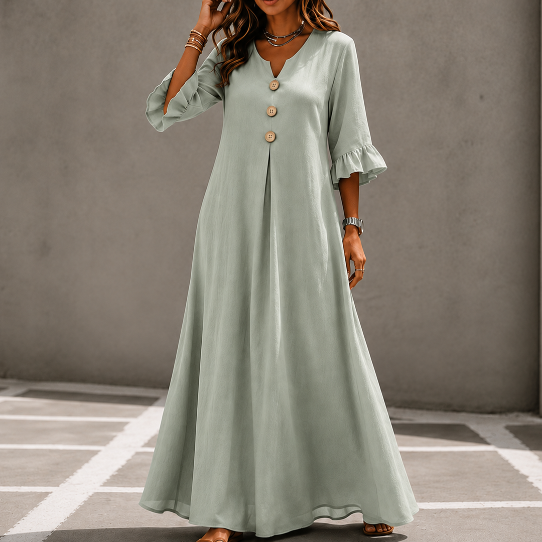 Marellia – Flowy Linen-Look V-Neck Maxi Dress with Pockets