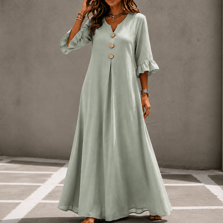 Marellia – Flowy Linen-Look V-Neck Maxi Dress with Pockets