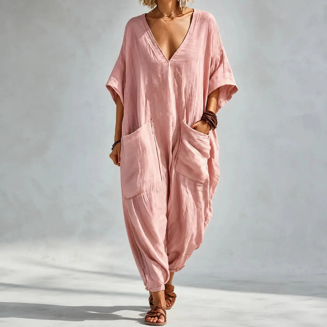 Solunya – Loose V-Neck Summer Jumpsuit with Deep Pockets, Batwing Sleeves, 6 Colors