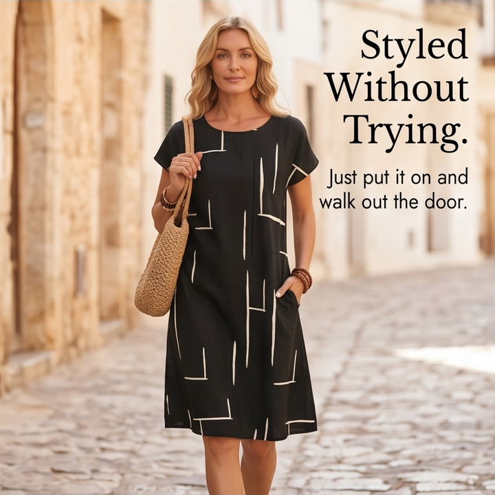 Elunara – Pocketed Dolman Dress with Abstract Print