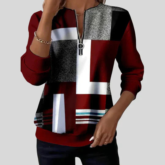 Geometric Print Sweatshirt with Zipper Neck and Long Sleeves