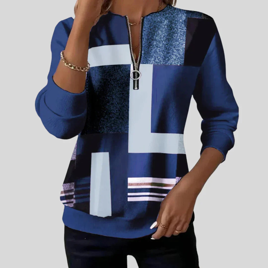 Geometric Print Sweatshirt with Zipper Neck and Long Sleeves