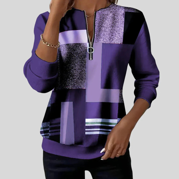 Geometric Print Sweatshirt with Zipper Neck and Long Sleeves