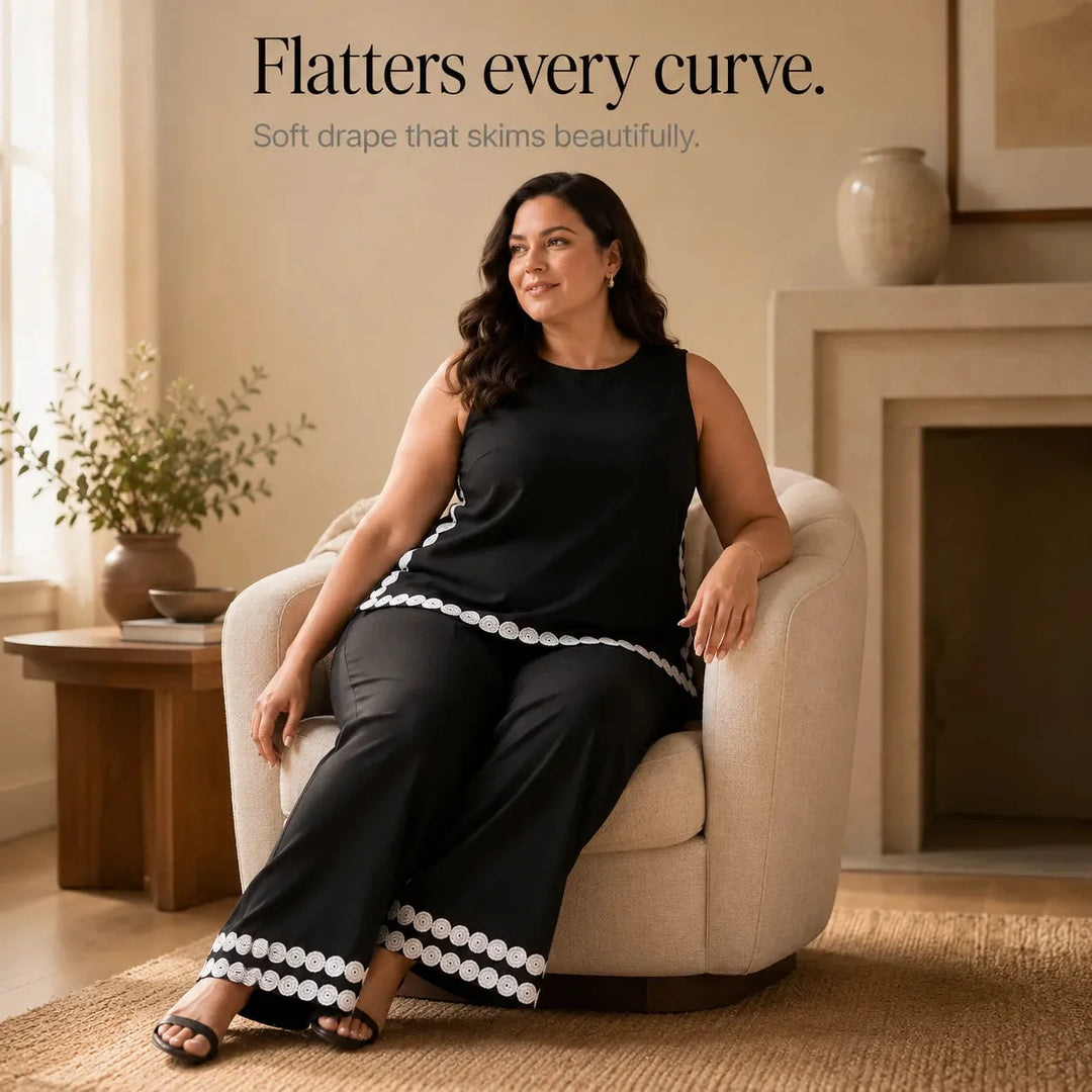 Marovée – Sleeveless Top &amp; Wide Leg Pants Set with Crochet-like Trim Details