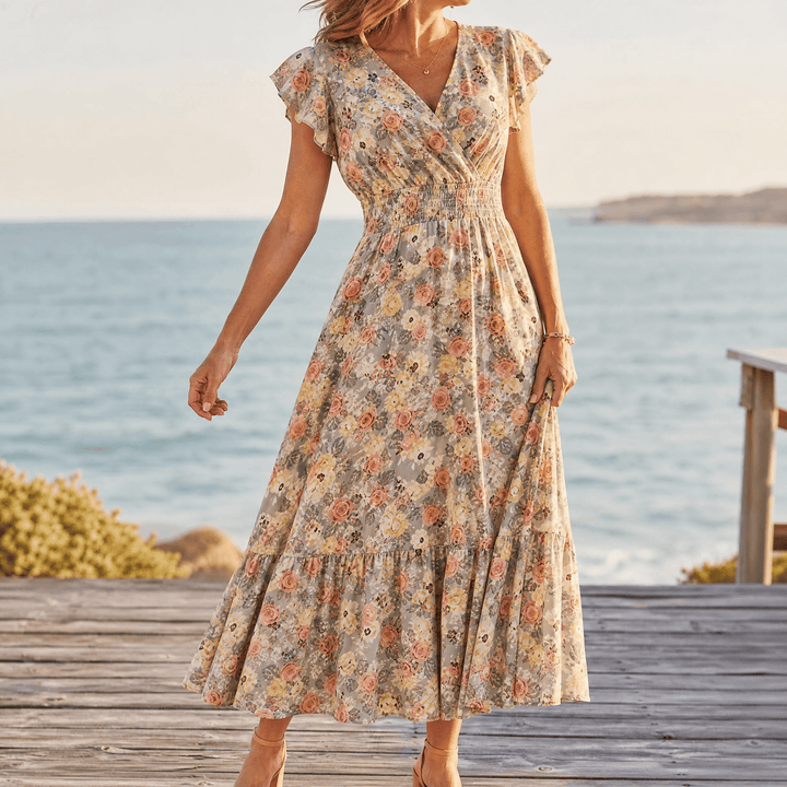 Florenza – Floral V-Neck Smocked Waist Midi Dress
