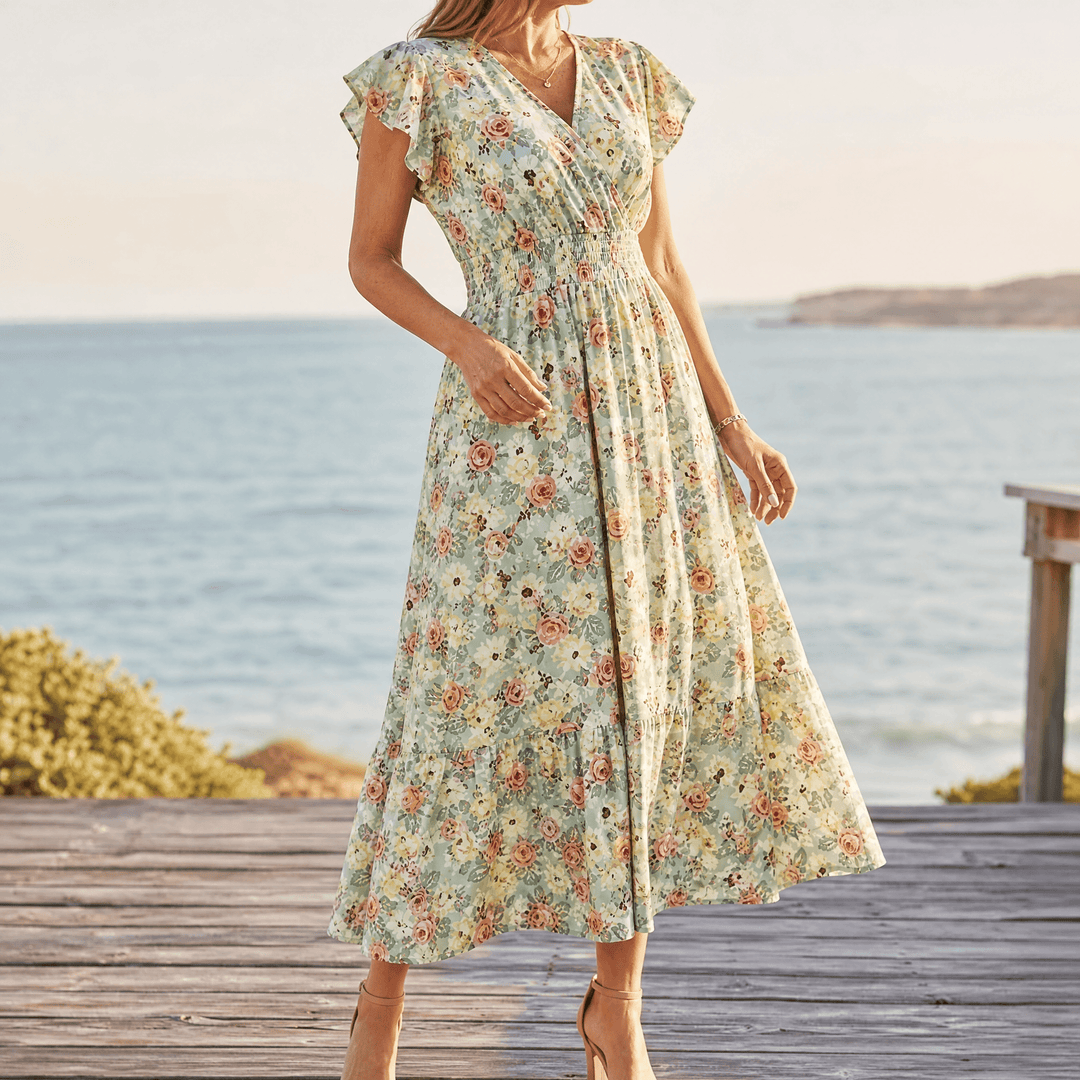Florenza – Floral V-Neck Smocked Waist Midi Dress