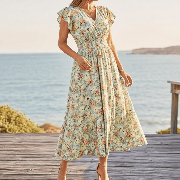 Florenza – Floral V-Neck Smocked Waist Midi Dress