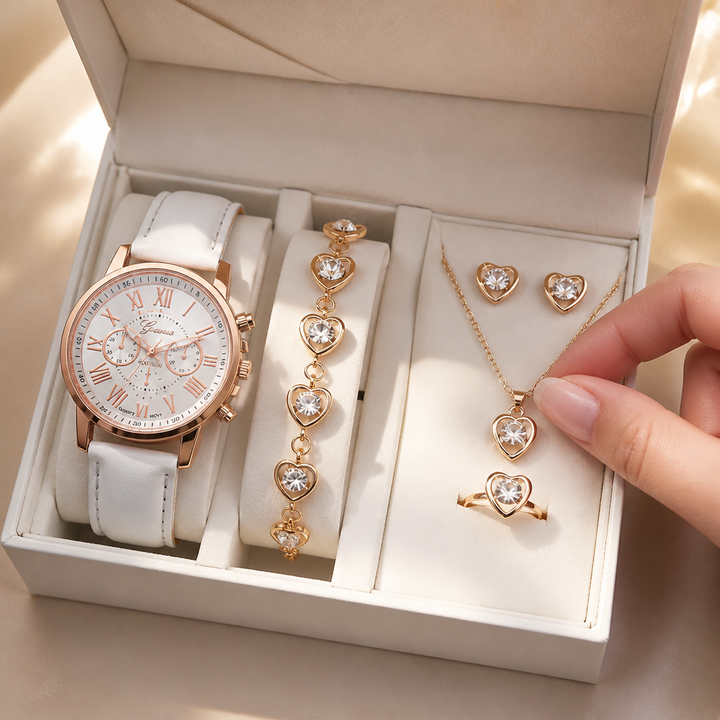 Fivella – Heart Dial 5-Piece Watch &amp; Jewelry Set