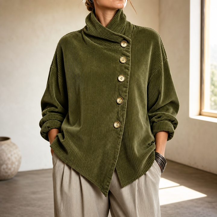 Wearbella – Funnel Collar Asymmetric Button Corduroy Top