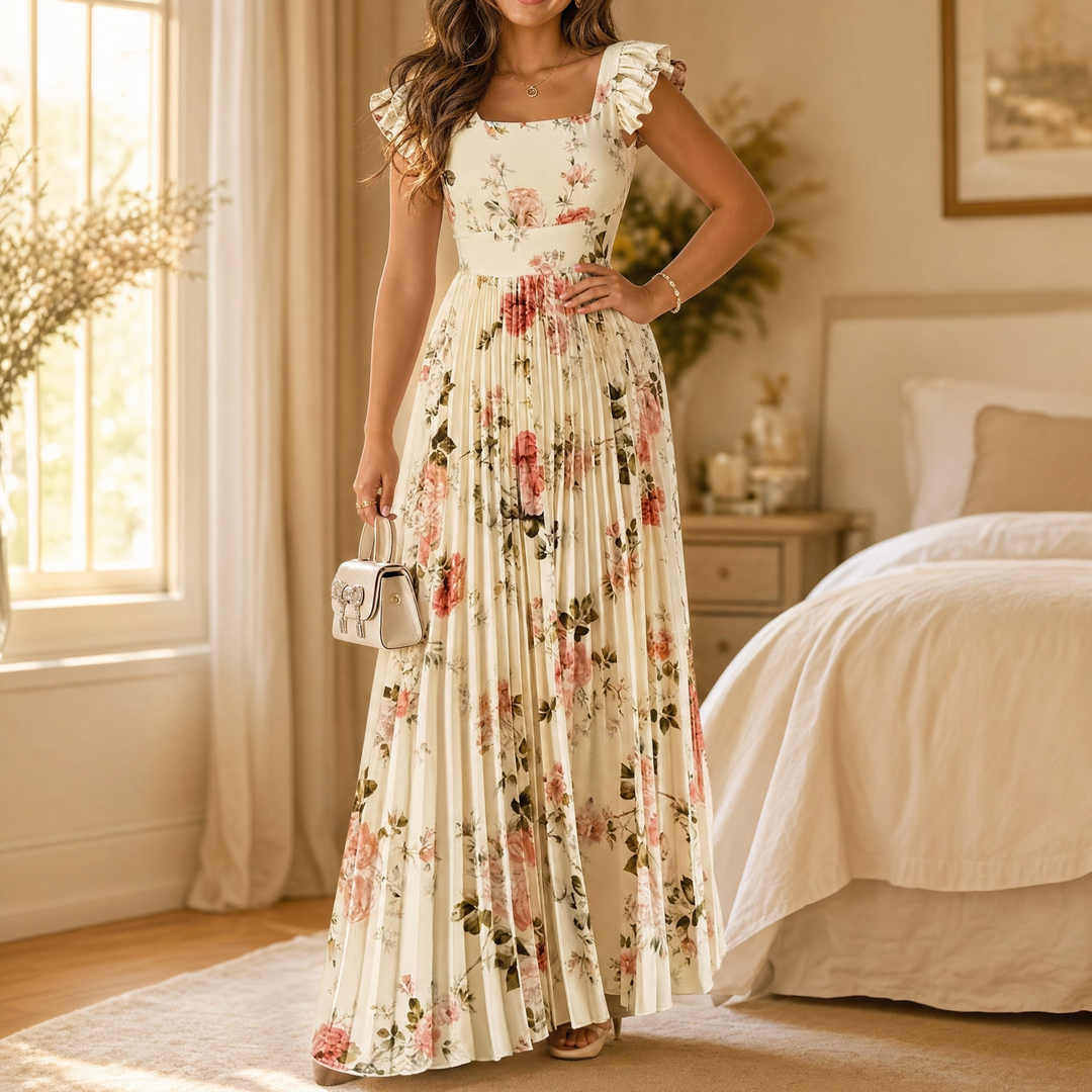 Florelle - Square-Neck Floral Pleated Maxi Dress