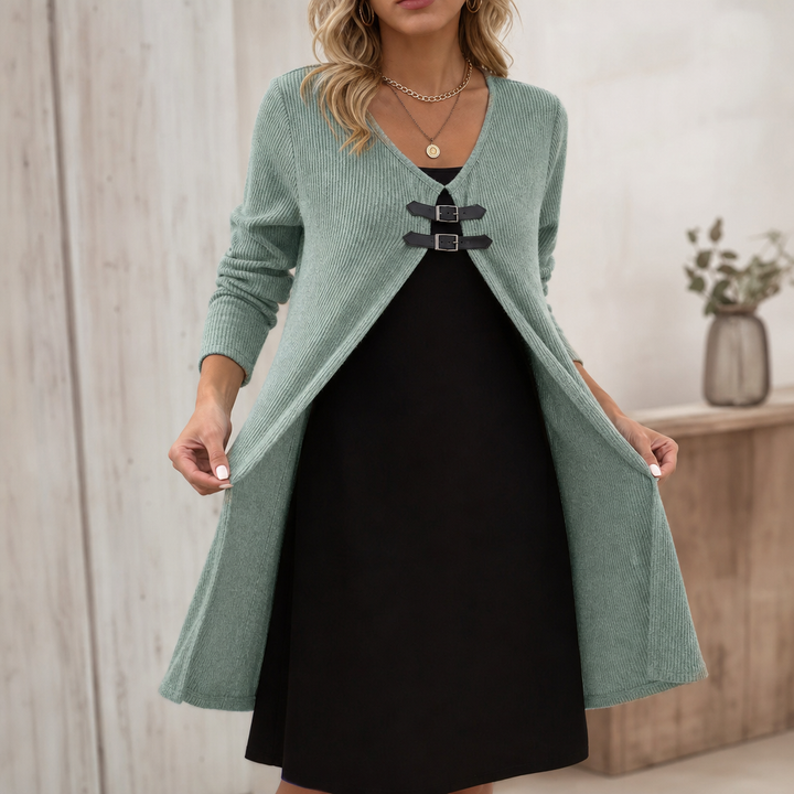 Duetta – Faux Two-Piece Buckle-Accent Ribbed A-Line Dress