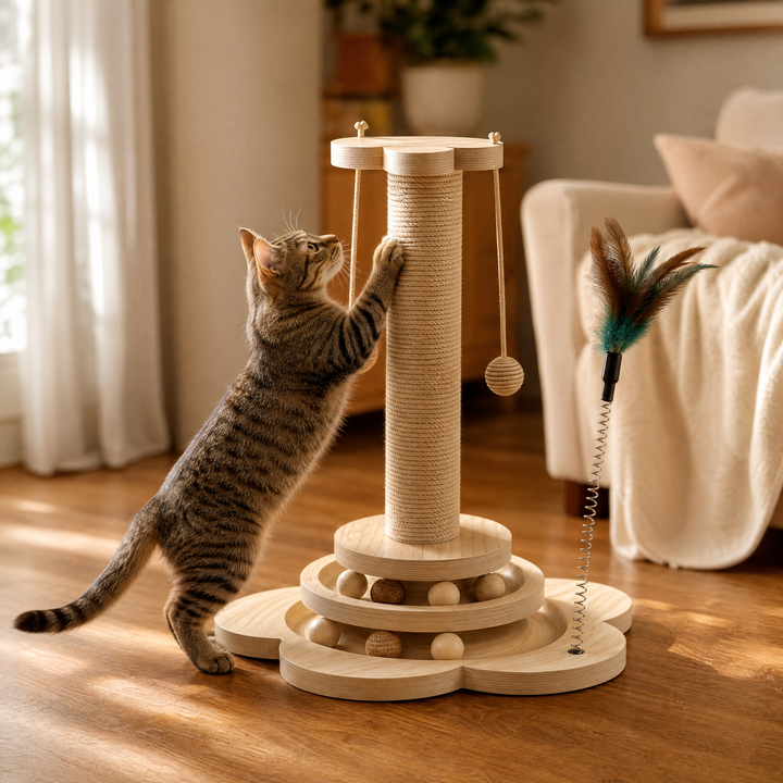 Purrch – 3-in-1 Sisal Scratching Post with Ball Track and Feather Wand