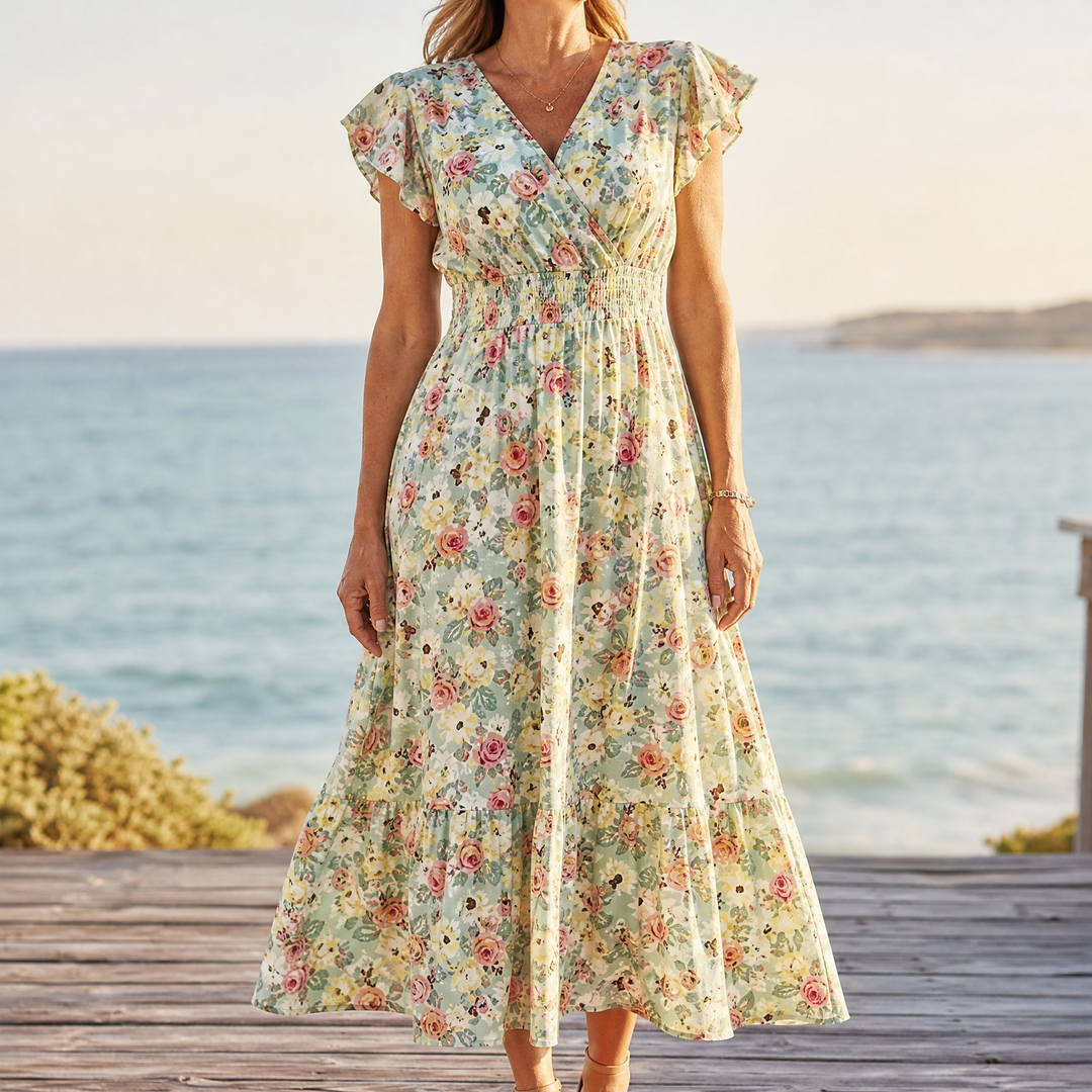 Florenza – Floral V-Neck Smocked Waist Midi Dress