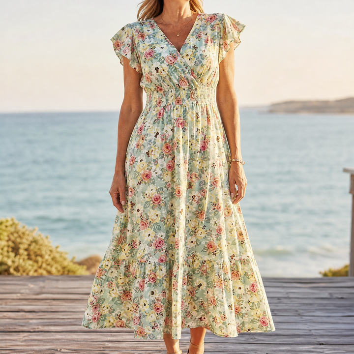 Florenza – Floral V-Neck Smocked Waist Midi Dress