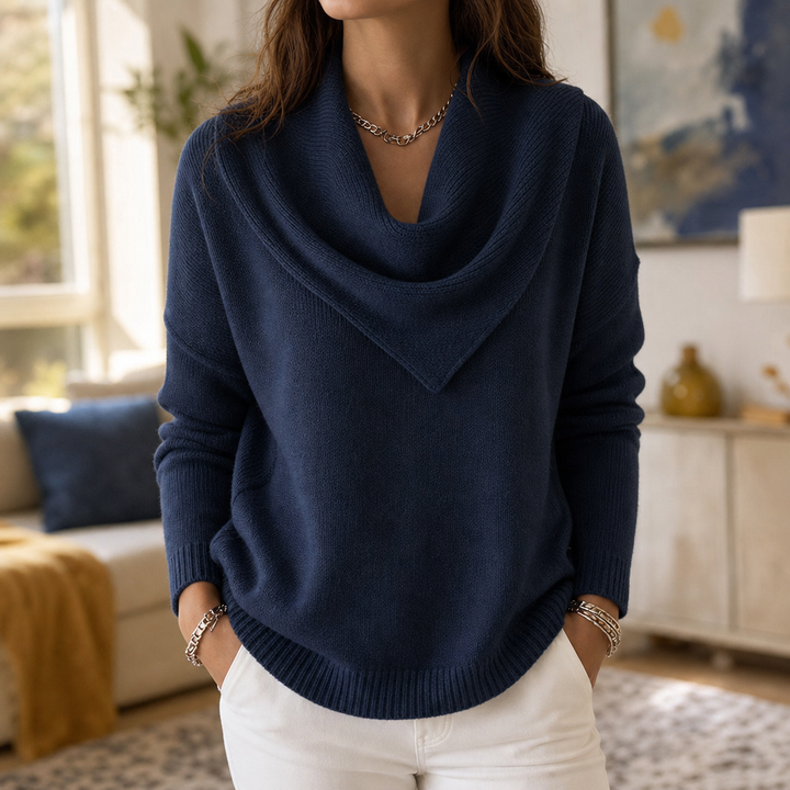 Collarvie – Draped Open-Collar Cowl Neck Sweater