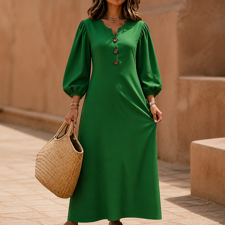 Everdrape – V-Neck Puff Sleeve Pocketed Maxi Dress