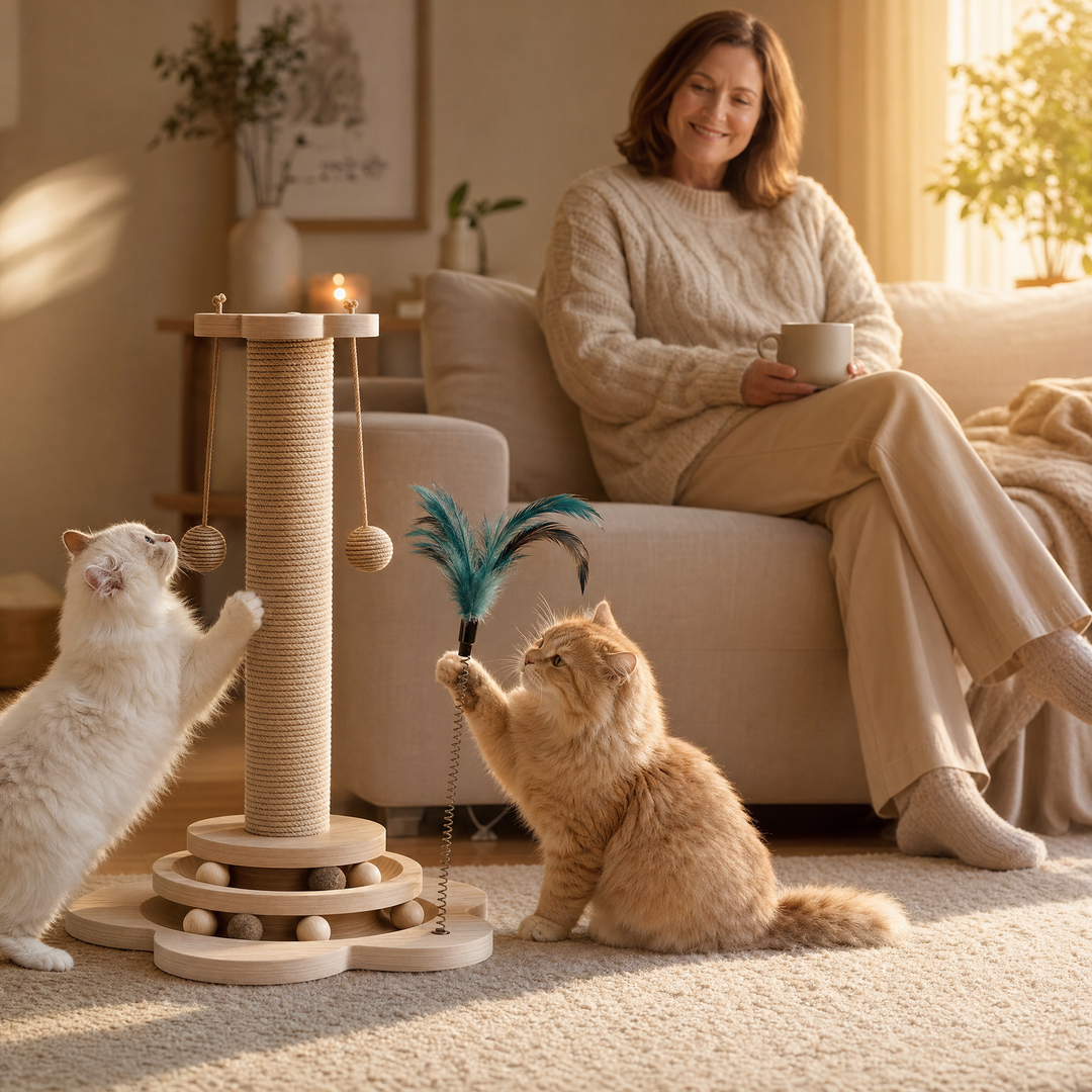 Purrch – 3-in-1 Sisal Scratching Post with Ball Track and Feather Wand