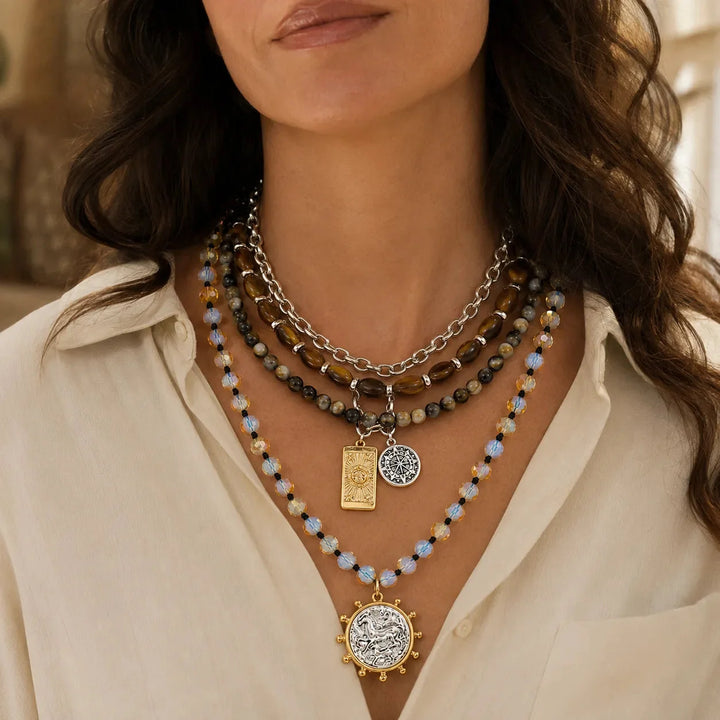 Solenya – Vintage Boho Layered Necklace with Tarot, Compass &amp; Coin Pendants