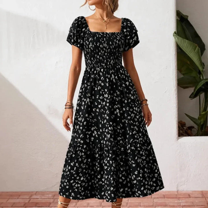 Florenza – Square Neck Floral Midi Dress with Smocked Bodice &amp; Tiered Skirt