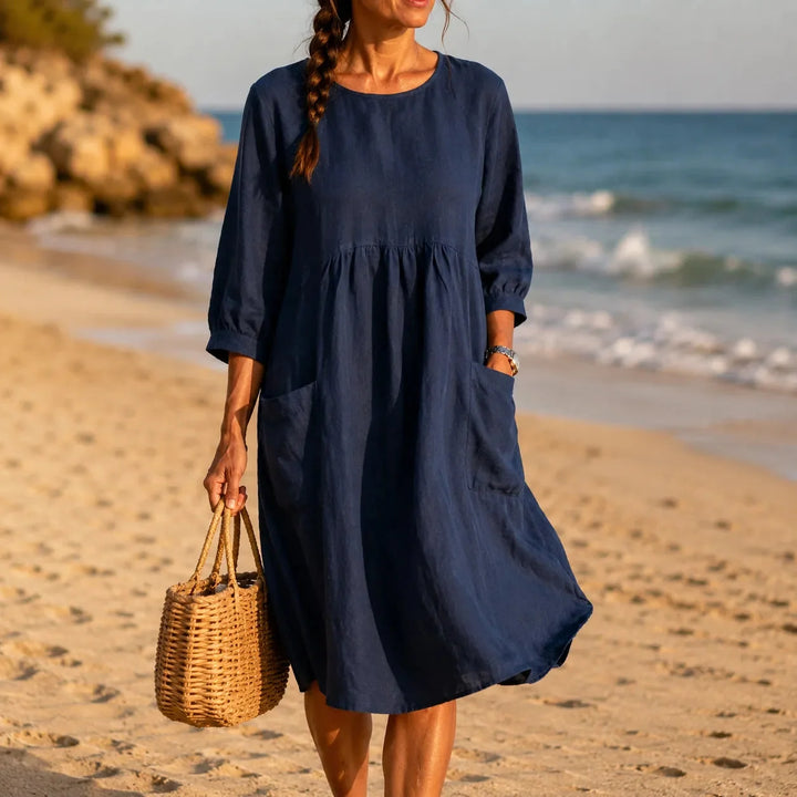 Marelle – Linen-Look Midi Dress with Three-Quarter Sleeves &amp; Pockets