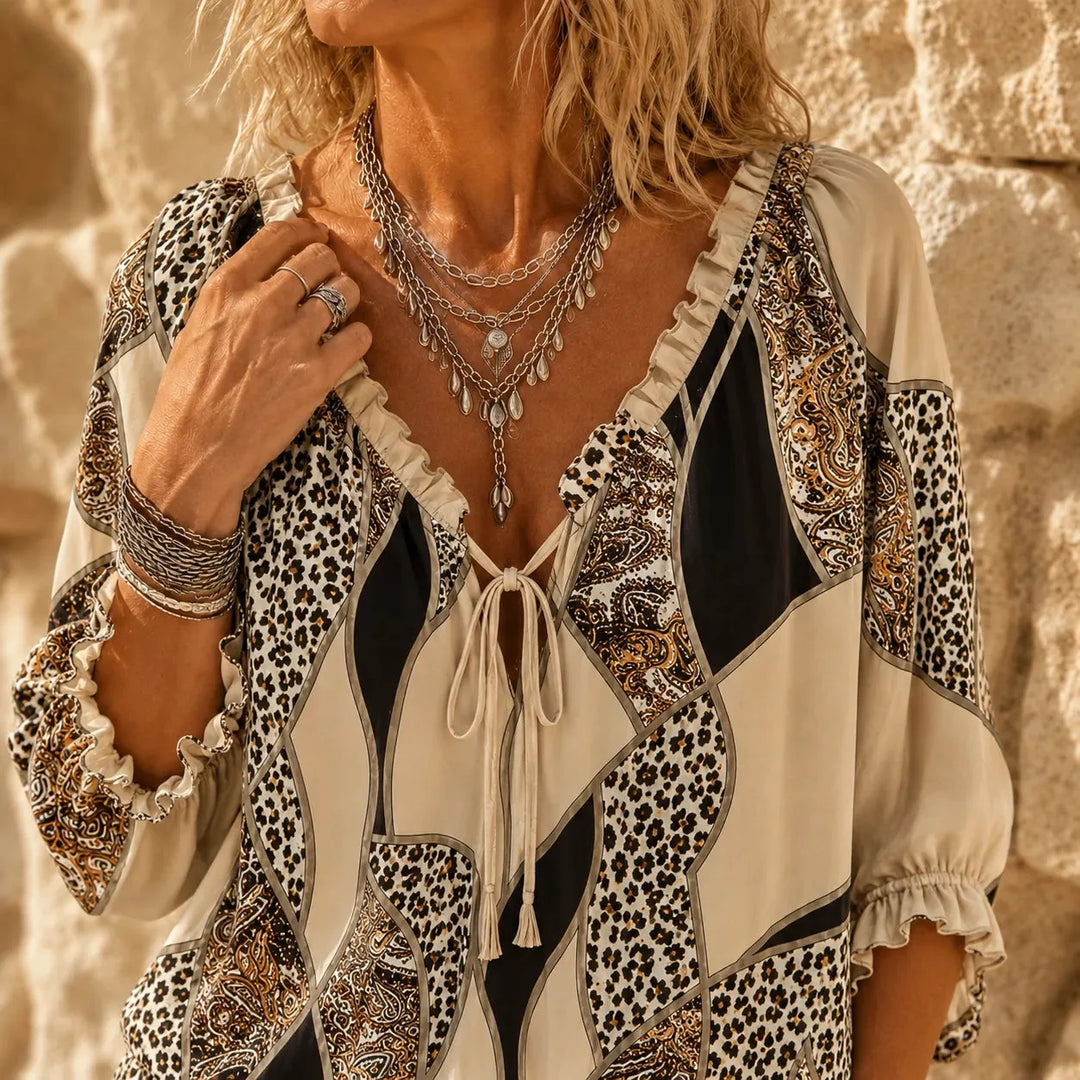 Sorelia – Mixed Print Patchwork Blouse, Leopard &amp; Paisley V Neck