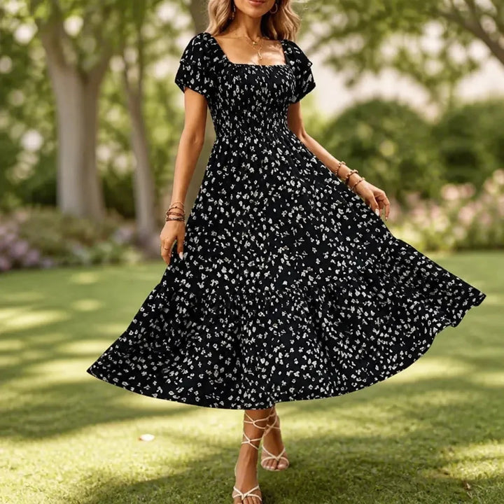 Florenza – Square Neck Floral Midi Dress with Smocked Bodice &amp; Tiered Skirt