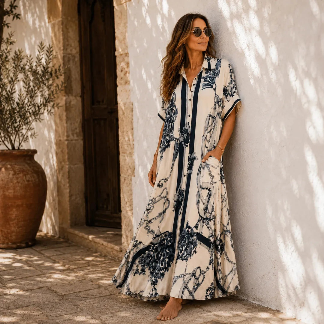 Solenne – Vintage Scroll Print Maxi Shirt Dress with Pockets